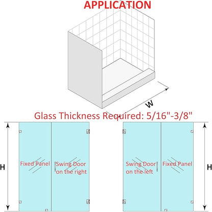 Shower Door Hardware Kit for Frameless Inline Hinged Doors, Includes Hinges, Square Pull Handles and Clamps, for 5/16"–3/8" Glass, Suitable for Bathtub or Standing Shower Setup, Chrome