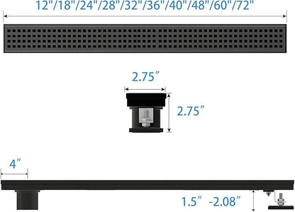 Offset Linear Shower Drain, Matte Black Shower Drain 32 inch with Removable Grate Cover, Brushed 304 Stainless Steel Side Outlet Black Shower Floor Drain with Hair Catcher and Leveling Feet