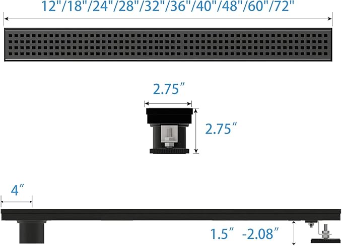 Offset Linear Shower Drain, Matte Black Shower Drain 60 inch with Removable Grate Cover, Brushed 304 Stainless Steel Side Outlet Black Shower Floor Drain with Hair Catcher and Leveling Feet