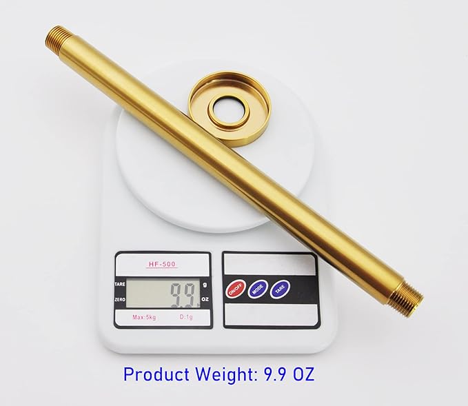 Aquaiaw Shower Arm and Anti-Scratch O-Ring Flange, Solid Brass, Both Soldered 1/2 NPT Tapered Threads, 12 inch Ceiling Mount Straight Rainfall Shower Head Arm Extension (Brushed Gold, Round)