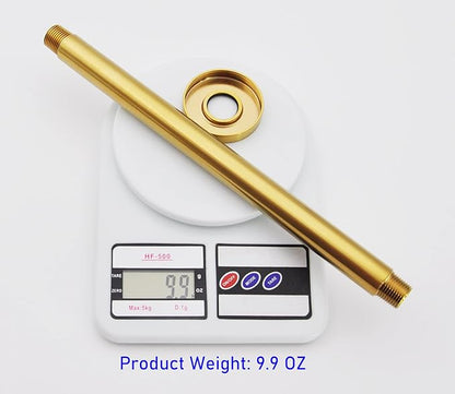 Aquaiaw Shower Arm and Anti-Scratch O-Ring Flange, Solid Brass, Both Soldered 1/2 NPT Tapered Threads, 12 inch Ceiling Mount Straight Rainfall Shower Head Arm Extension (Brushed Gold, Round)