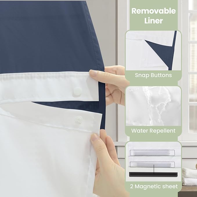 Inhousolu Long No Hook Shower Curtain with Snap in Fabric Liner Set Waffle Weave 230GSM Weighted Hem, Waterproof & Washable Bathroom Curtain Spa Luxury with Mesh Top Window 72" W x 84" L Navy Blue
