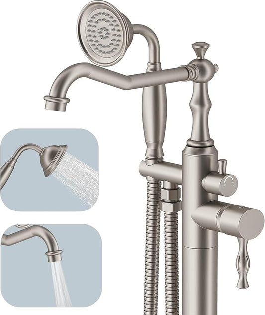 Hoimpro Free Standing Tub Faucet Freestanding Tub Filler Stand Alone Bath Tub Set Floor Mounted Bathtub Faucet Shower Faucets Handheld Sprayer Brass Brushed Nickel