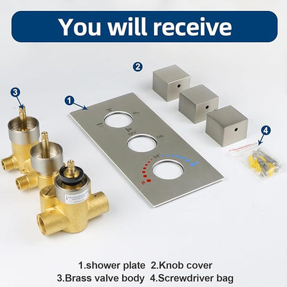 HOMEDEC Solid Brass 4 Outlets Shower Diverter Valve, Thermostatic 4-Way 3 Handles Control Shower Mixing Valve Trim Kit Rough In Replacement, Brushed Nickel