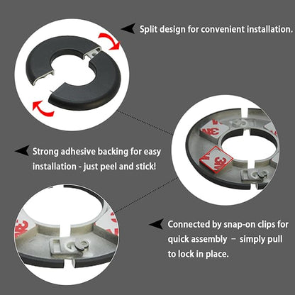 Wall Split Flange 2 Pieces, Pipe Cover Decoration Fit 1.1 inch Outer Diameter Pipe, ABS Round Self-Adhesive Escutcheon Plate, Buckles Design Split Plumbing Cover Plates, Black (28mm)