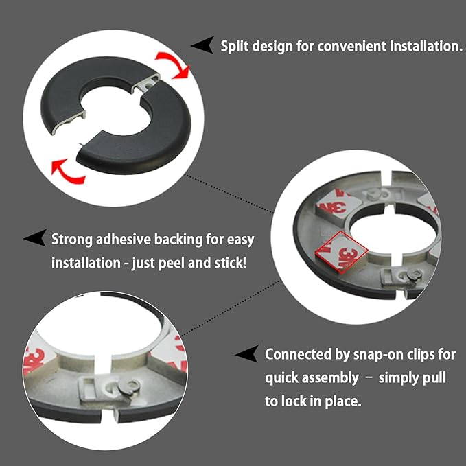 Wall Split Flange 2 Pieces, Pipe Cover Decoration Fit 1.3 inch Outer Diameter Pipe, ABS Round Self-Adhesive Escutcheon Plate, Buckles Design Split Plumbing Cover Plates, Black (33mm)