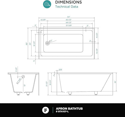 Fine Fixtures Acrylic, Fiberglass Alcove Soaking Bathtub with Integral Apron Front - Drain Included (54" x 30", Left Hand, White)