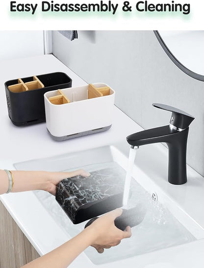 Marble Toothbrush Holders, 5 Slots Bamboo Toothbrush and Toothpaste Holder for Bathroom Counter with Drainage, Kids Electric Toothbrush Organizer, Black Toothbrush Holders for Bathrooms