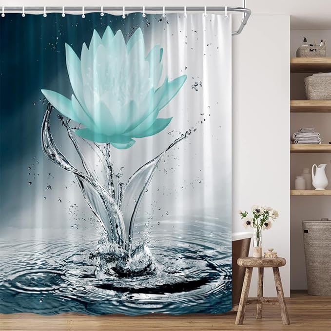 Lotus Shower Curtain Black White Blue Teal Flower Elegant Blooming Floral with Dew Spring Flower Reflection on Water Modern Romantic Polyester Fabric Bathroom Decor 70×78 Inch with Hook