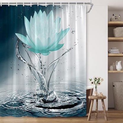 Lotus Shower Curtain Black White Blue Teal Flower Elegant Blooming Floral with Dew Spring Flower Reflection on Water Modern Romantic Polyester Fabric Bathroom Decor 108×70 Inch with Hook