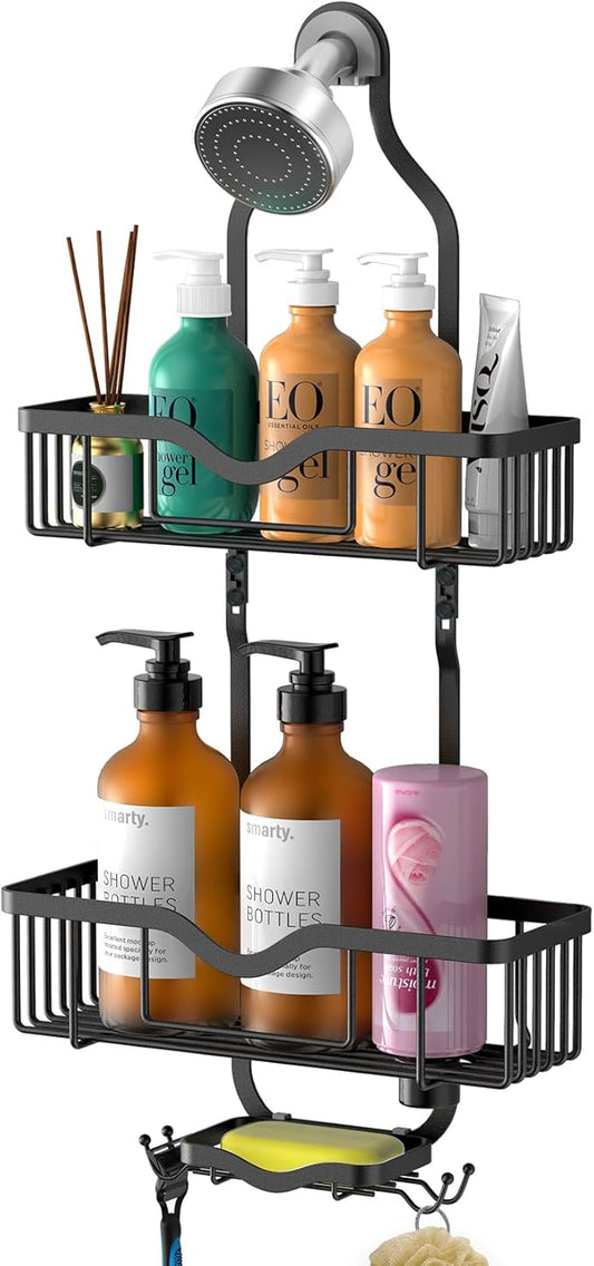 Kadolina Shower Caddy Hanging, Bathroom Organizer Rack, Shower Rack with Soap Dish, Over The Showerhead Caddy with Hooks for Razor/Sponge, Matte Black (Assembly Required)