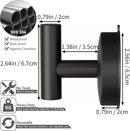 DGYB Large Suction Cup Hooks for Shower Set of 4 - Black Towel Hooks for Bathrooms - Stainless Steel Removable Wall Hooks - 15 Lb Heavy Duty Hanging