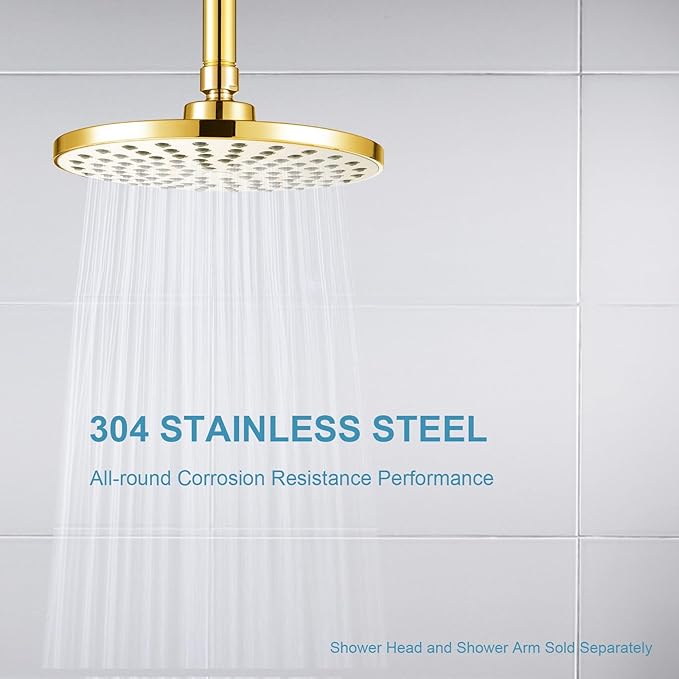 OFFO Shower Arm with Flange, Bright Gold 3 in Ceiling Mount Replacement Rain Shower Head Straight Arm Ceiling-Mounted For Fixed Shower Head & High Pressure Rain