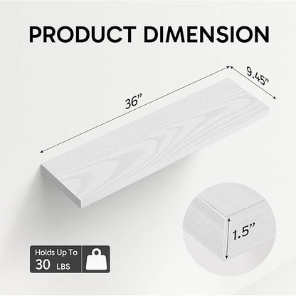 BAYKA Floating Shelves for Wall, 36 inches Long Wall Mounted Rustic Wood Shelves for Bathroom, Bedroom, Living Room, Kitchen, Office, Hanging Shelf for Books/Storage/Decor(White,Set of 2)