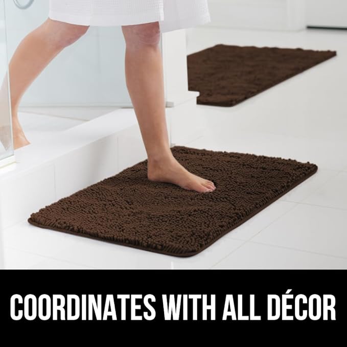 GORILLA GRIP Bath Rug Mat, Thick Soft Absorbent Chenille, Quick Dry Microfiber Mats, Rubber Backing Washable Shower Floor Rugs, Bathmat Runner, US Designed Bathroom Home Decor Accessories 24x17, Brown