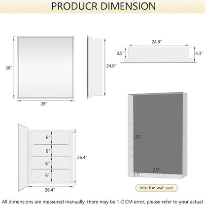 Bathroom Medicine Cabinet with 28x28 in Square Beveled Frameless Mirror,Wall Mounted Mirror Cabinet for Bathroom Toilet Kitchen,Recess or Surface Mount