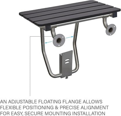 24-inch x 15-inch ADA Folding Wall Mount Bathroom Shower Seat Bench, Black Slatted Phenolic Seat