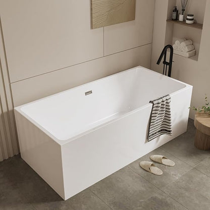 67" Acrylic Freestanding Bathtub - Modern Rectangular Soaking Tub, Glossy White Finish, Chrome Linear Overflow & Drain Kit, CUPC Certified