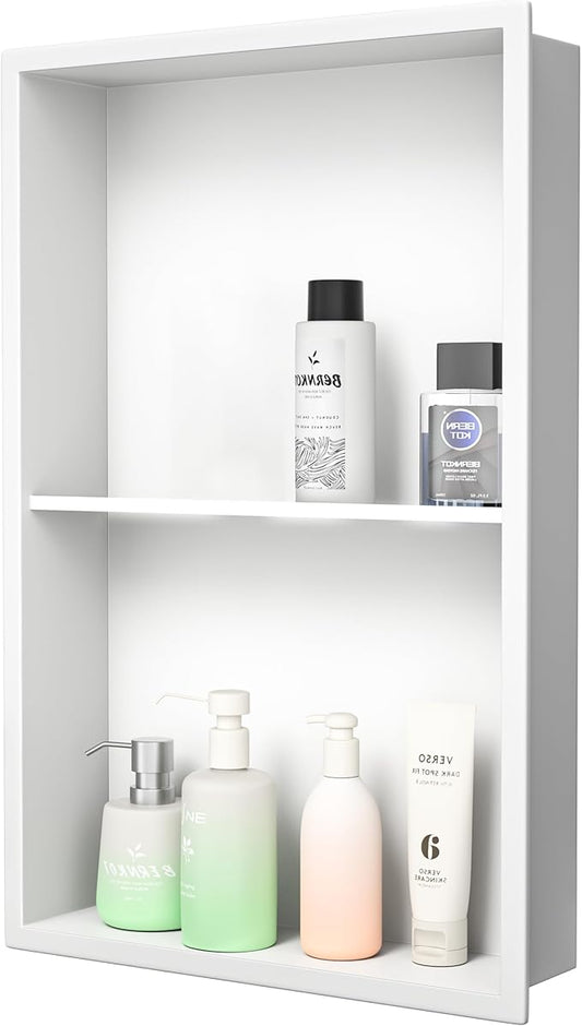 Stainless Steel Shower Niche 14"×24" White with 2-Tier Shelf No Tiled Needed Niche Shower for Bathroom Wall Recessed Shower Shelf for Bathroom Storage