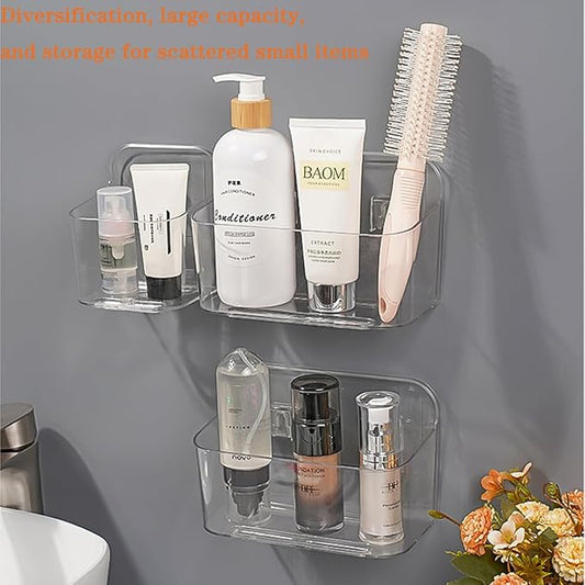2pcs Adhesive Wall Mount Organizer Box,Acrylic Shelves for Wall,No Drilling Hang Walls,with Self Adhesive Tape,Automatic Draining for Bathroom, Kitchen, Living Room - Clear (Small)