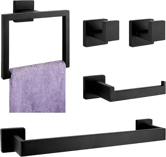 16 in Matte Black Bathroom Accessories Set, Bath Towel Bar Set, Stainless Steel Bathroom Hardware Set, Towel Racks for Bathroom Wall Mounted 5 Pcs （Black）