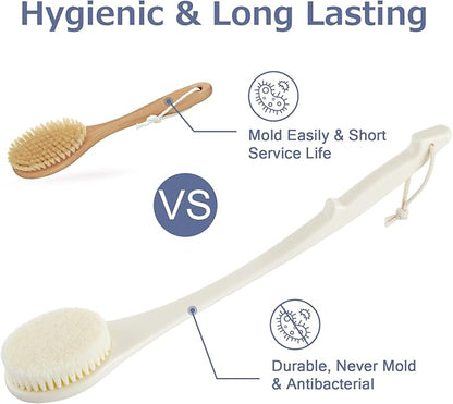 Body Back Scrubber – 17'' Long Handle Shower Brush, Anti-Mold Exfoliator for Dry & Wet Use, Deep Cleansing & Gentle Exfoliation for Smooth Skin – for Men, Women & Elderly (Cream White)