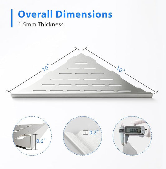 POPFLY 10" Silver Stainless Steel Corner Shower Shelf 2PCS, 304 SS Recessed Bathroom Shelves for Tile Walls, No Drilling Needed, Floating Shower Caddy with Drainage Slots, PF7501L