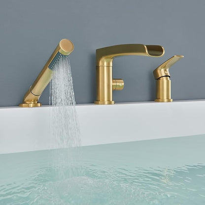 Waterfall Roman Tub Faucet Brushed Gold Deck Mount Bathtub Faucets Brass Tub Filler Bathroom Faucets with Hand Shower