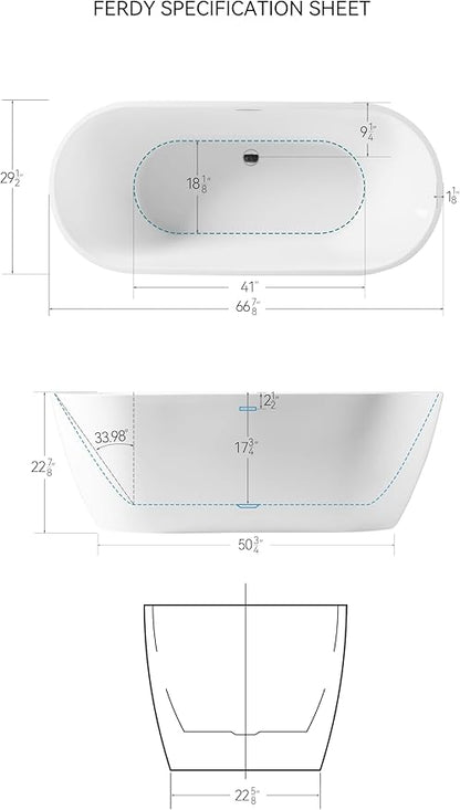 FerdY Nauru 67" Acrylic Freestanding Bathtub, Ergonomic Lightweight Classic Oval Soaking Bathtub with Toe-Tap Chrome Drain, Classic Slotted Overflow, Glossy White