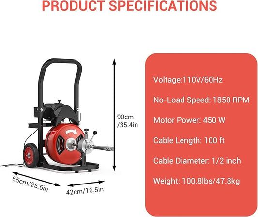 100Ft 1/2 Inch Cable Drain Cleaning Machine, 450W Auto Feed Portable Electric Sewer Snake, Electric Drain Auger with 4 Cutter Air-Activated Foot Switch for 2" to 4" Pipes