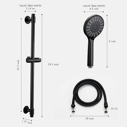 Adjustable Shower Slide Bar with 5-Function Handheld Shower Head, Stainless Steel Drill-free Mounted Slide Bar Combo with Extra Hose (Matte Black)