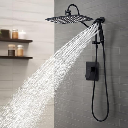 G-Promise 14 Inches Shower Faucet Sets Complete, All Metal Rainfall Shower Head and Handle Set, Extended Downward Diverter, Extension Arm and Pressure Balance Rough-in Valve Included