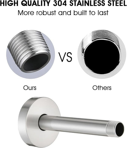 6 Inch Straight Shower Arm with Flange and Stabilizer Bracket, Ceiling Mount Replacement Rain Shower Head 304 Stainless Steel Arm For Fixed Shower Head, Brushed Nickel