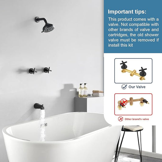 2 Handle Shower Faucet Set with Tub Spout Bathtub Shower Faucet Combo Set Shower System Complete Tub and Shower Trim Kit Matte Black Wall Mounted Shower Fixtures
