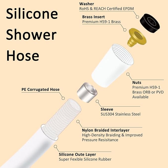 59 Inches Shower Hose Ultra-Soft Silicone Shower Hose Extension Anti-Kink Designed Long Handheld Shower Head Hose Replacement with Brass Insert and Nut White