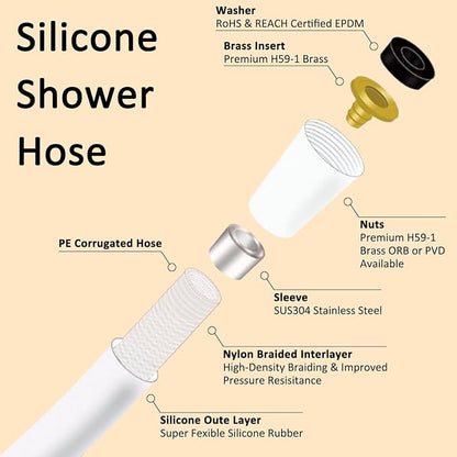 59 Inches Shower Hose Ultra-Soft Silicone Shower Hose Extension Anti-Kink Designed Long Handheld Shower Head Hose Replacement with Brass Insert and Nut White