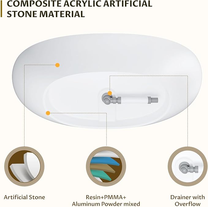 65" Resin Stone Freestanding Bathtub, Soaking Tub, Ergonomic Design, Easy Installation for Modern Spa Bathrooms, Matte White
