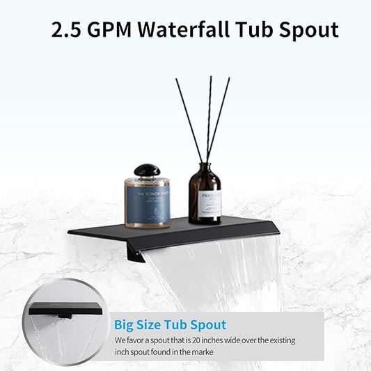 12 inch Matte Black Shower System with Tub Spout, Shower Faucet Set with Rain Shower Head and Handheld 3-Setting, Waterfall Bathtub Spout Rainfall Shower Combo Set for Bathroom Wall Mounted