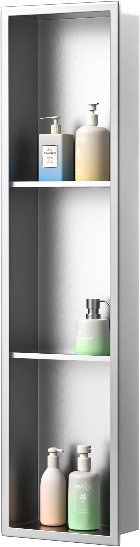 Stainless Steel Shower Niche 8"×36" with 3-Tier Shelves Brushed No Tiled Needed Niche Shower for Bathroom Wall Recessed Shower Shelf for Storage