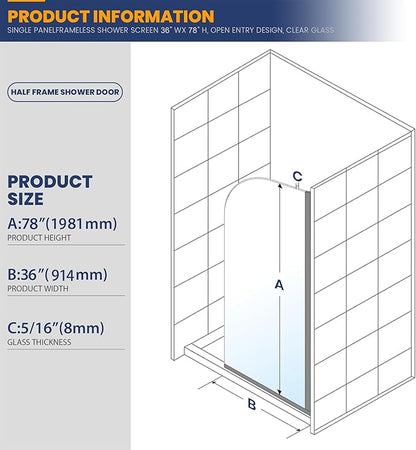 Glass Shower Panel, 36" W x 78" H Semi-Framed Fixed Shower Glass Panel in Matte Black with 5/16"(8mm) Clear Tempered Glass Door, Simple Shower Door Panel for Bathroom