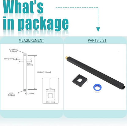 Matte Black Shower Arm with Flange and Teflon Tape for High Ceiling or Fixed Rain Showerhead, Universal Connection 16-inch Square Straight Shower Head Extender Extension Pipe, 304 Stainless Steel