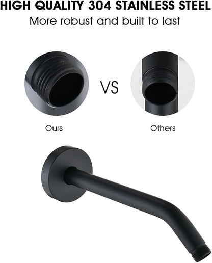 10 Inch Shower Arm with Flange and Stabilizer Bracket, Wall Mounted Shower Pipe Arm 304 Stainless Steel For Fixed Shower Head & Handheld Showerhead, Matte Black