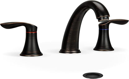 Bathroom Sink Faucet, Faucet for Bathroom Sink, Widespread ORB Bathroom Faucet 3 Hole with Stainless Steel Pop Up Drain and cUPC Lead-Free Hose-(Oil Rubbed Bronze)