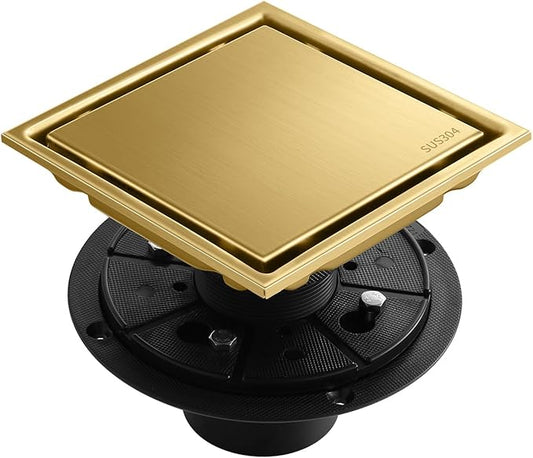 Hidden Brushed Square Shower Floor Drain, Gold 6 inch, 304 Stainless Steel, with Flange, Detachable Cover Embedded in Ceramic Tiles