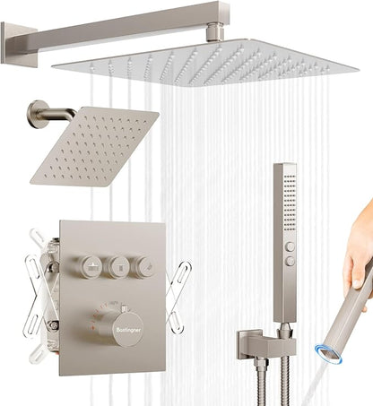 Thermostatic Shower System Wall Mounted, 12 inch Dual Shower Faucet Set with 8 inches Wall Mounted Shower Head, Push Button Diverter 3 Function Shower Head System with 2 in 1 Shower Handheld