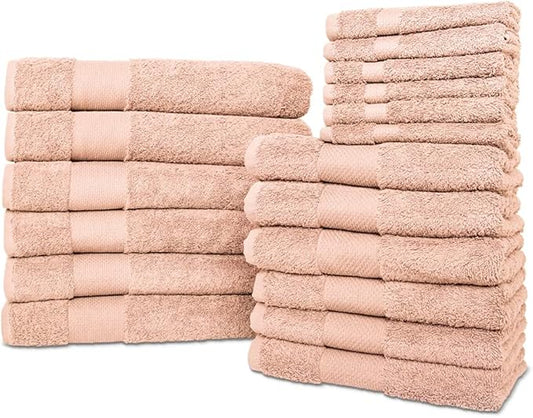 Hencely 18-Piece Bath Towel Set - High Absorbency, Quick Drying - 100% Soft Turkish Cotton - 6 Bath Towels, 6 Hand Towels, 6 Washcloths - for Bathroom, Home, Hotel, Spa, and Gym - 18-Pack Dark Peach
