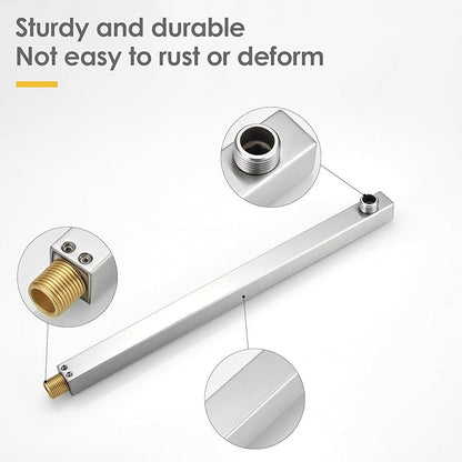 BESy 14 Inches Straight Extended Shower Arm With Flange, Rain Shower Head Extension Arms, Square Shower Rod Shower Head Extender Arm Shower Pipe Extension, Wall-Mounted Brushed Nickel Stainless Steel