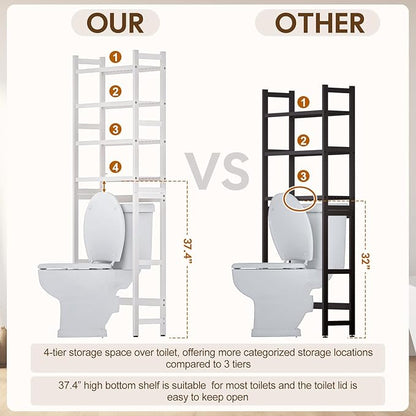 Over The Toilet Storage with 2 Baskets, 4-Tier Bamboo Organizer Rack with Paper Holder & 4 Hooks & Waterproof Feet Pad,Freestanding Shelf for Bathroom(White)