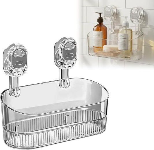 No-Drill Bathroom Suction Storage Box, Corrugated Suction Cup Storage Holder, Removable Hanging Basket, No Drilling Shelves Caddy, Ripple Acrylic Wall Shelf (Grey)