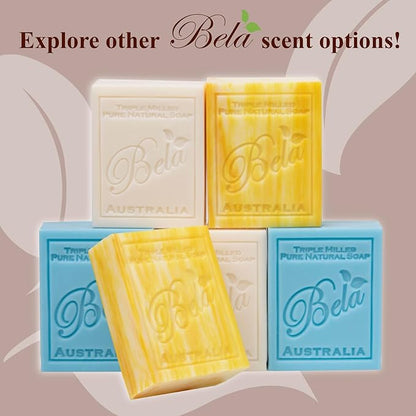 BELA Sandalwood Soap 3.3 OZ, Pack of 6 French Triple Milled Bar Soap with Organic Shea Butter, Hand, Face and Body Wash Bar, Made in Australia